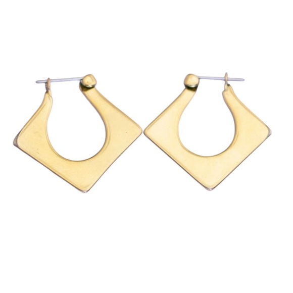 Vintage 90s Hoop Earrings pierced Gold Tone Jigsaw Chunky Square Elegant size 1" - Picture 4 of 12